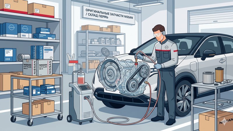 Современная иллюстрация процесса обслуживания вариатора Nissan для блога склада запчастей в городе Пермь
