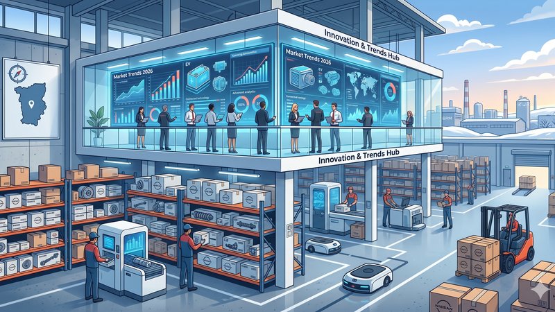 Современный склад запчастей Nissan в Перми с аккуратными стеллажами в минималистичном стиле иллюстрации
