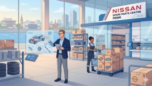 Современный склад запчастей Nissan в Перми с аккуратными стеллажами и автомобильными деталями